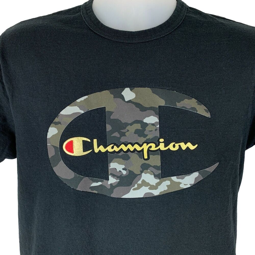 Champion Camouflage T Shirt Big Logo Camo Crewneck Streetwear Black Tee M Medium